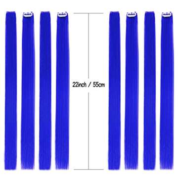 Colored Clip in Hair Extensions 22" 10pcs Straight Fashion Hairpieces for Party Highlights Blue