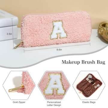 YOOLIFE Birthday Gifts for Women, Pink Initial Makeup Bag with Makeup Brash Pouch Monogram Travel Bag Wife Gifts Her Gifts Sister Gifts Daughter Wife Gifts Valentines Day Gifts for Her (Pink A)