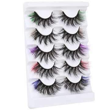 False Eyelashes with Color, ALPHONSE 5D Fluffy Faux Mink Colored Lashes Dramatic Decoration Eye Lashes Set for Cosplay Costumes 5 Pairs Pack