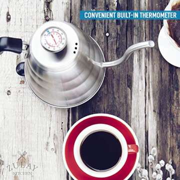 Zulay Premium Pour Over Coffee Kettle, 34 fl oz | 1 Liter - Top-Grade Stainless Steel Gooseneck Kettle with Built-In Thermometer for Drip Coffee and Tea - Triple Layered Bottom Pour Over Water Kettle