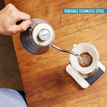 Zulay Premium Pour Over Coffee Kettle, 34 fl oz | 1 Liter - Top-Grade Stainless Steel Gooseneck Kettle with Built-In Thermometer for Drip Coffee and Tea - Triple Layered Bottom Pour Over Water Kettle