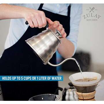 Zulay Premium Pour Over Coffee Kettle, 34 fl oz | 1 Liter - Top-Grade Stainless Steel Gooseneck Kettle with Built-In Thermometer for Drip Coffee and Tea - Triple Layered Bottom Pour Over Water Kettle