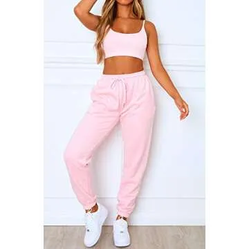 Waitfairy Women's Cinch Bottom Sweatpants High Waisted Trendy Athletic Jogger Pants for Teen Girls Lounge Trousers with Pockets Pink S