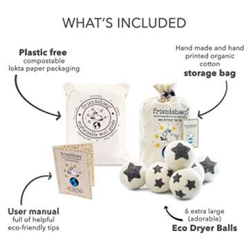 Friendsheep Wool Dryer Balls 6 Pack XL Organic Premium Reusable Cruelty Free Handmade Fair Trade No Lint Fabric Softener Star - Stars Galore