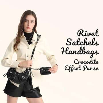 CHEGSKXEE Shoulder Bag for Women Rivet Satchel Pleated Hobo Handbags Crocodile Effect Crescent Purse Crossbody Bags (Black)