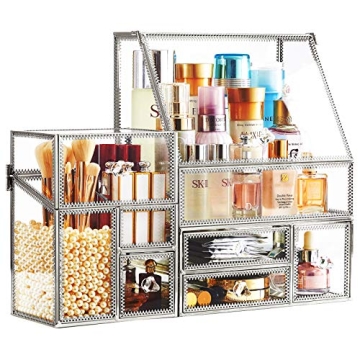 Glass Makeup Organizer for Vanity/Stackable 2Pieces Drawer Set/Antique Countertop Vanity Cosmetic St...