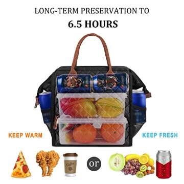 LOKASS Lunch Bag Insulated Lunch Box Wide-Open Lunch Tote Bag Large Drinks Holder Durable Nylon Thermal Snacks Organizer for Women Men Adults Work Picnic Hiking Beach Fishing,Black-Square