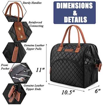 LOKASS Lunch Bag Insulated Lunch Box Wide-Open Lunch Tote Bag Large Drinks Holder Durable Nylon Thermal Snacks Organizer for Women Men Adults Work Picnic Hiking Beach Fishing,Black-Square