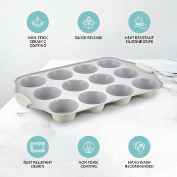 Boxiki Kitchen 12 Cups Ceramic Coated Muffin Pan for Baking - Durable Steel Frame Cupcake Pan w/Nonstick Surface - Professional Muffin Tray with Silicone Handles
