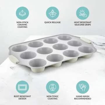 Boxiki Kitchen 12 Cups Ceramic Coated Muffin Pan for Baking - Durable Steel Frame Cupcake Pan w/Nonstick Surface - Professional Muffin Tray with Silicone Handles
