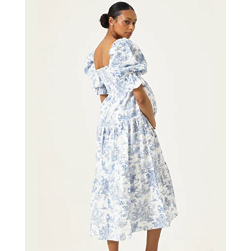 NOTHING FITS BUT Kiko Baby Shower Maternity Gown, Women’s Cotton Classic Linen Smocked Nursing Dress, Paris,L Size Short Puffed Sleeves, Off Shoulder, Square Neckline, Shirred Bust, Calf-Length