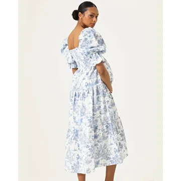 NOTHING FITS BUT Kiko Baby Shower Maternity Gown, Women’s Cotton Classic Linen Smocked Nursing Dress, Paris,L Size Short Puffed Sleeves, Off Shoulder, Square Neckline, Shirred Bust, Calf-Length