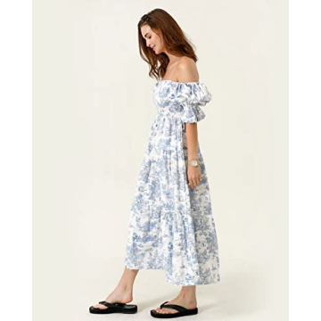 NOTHING FITS BUT Kiko Baby Shower Maternity Gown, Women’s Cotton Classic Linen Smocked Nursing Dress, Paris,L Size Short Puffed Sleeves, Off Shoulder, Square Neckline, Shirred Bust, Calf-Length