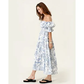 NOTHING FITS BUT Kiko Baby Shower Maternity Gown, Women’s Cotton Classic Linen Smocked Nursing Dress, Paris,L Size Short Puffed Sleeves, Off Shoulder, Square Neckline, Shirred Bust, Calf-Length