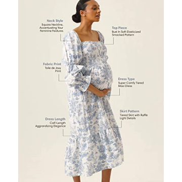 NOTHING FITS BUT Kiko Baby Shower Maternity Gown, Women’s Cotton Classic Linen Smocked Nursing Dress, Paris,L Size Short Puffed Sleeves, Off Shoulder, Square Neckline, Shirred Bust, Calf-Length