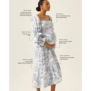 NOTHING FITS BUT Kiko Baby Shower Maternity Gown, Women’s Cotton Classic Linen Smocked Nursing Dress, Paris,L Size Short Puffed Sleeves, Off Shoulder, Square Neckline, Shirred Bust, Calf-Length