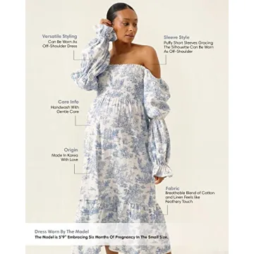 NOTHING FITS BUT Kiko Baby Shower Maternity Gown, Women’s Cotton Classic Linen Smocked Nursing Dress, Paris,L Size Short Puffed Sleeves, Off Shoulder, Square Neckline, Shirred Bust, Calf-Length