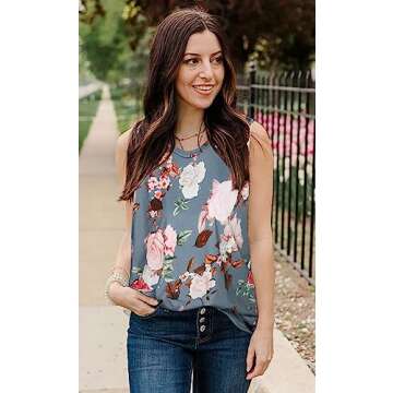 Women Summer Tops Sleeveless Floral Tanks Casual Loose T Shirt Tunic Blouse(Gray Flower, XL)