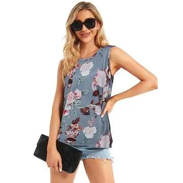 Women Summer Tops Sleeveless Floral Tanks Casual Loose T Shirt Tunic Blouse(Gray Flower, XL)
