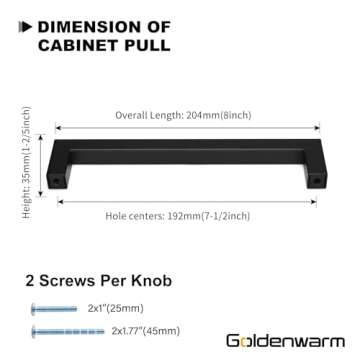 Goldenwarm 10 Pack Black Square Bar Cabinet Pull Drawer Handle Stainless Steel Modern Hardware for K...
