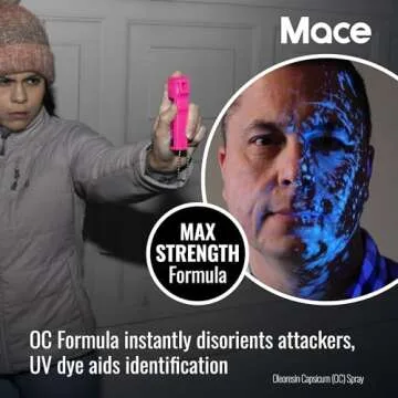 Mace Brand Self Defense Mace Pepper Spray, 12' Spray Stream, 10% OC Pepper Spray with UV Marking Dye, Attention-Grabbing Pink Case, Keychain & Belt-Clip, 18 Grams, 4.25" x 1.25" Personal Size (80347), Hot Pink