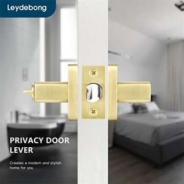 Leydebong 3 Pack Door Locks Door Knobs Interior in Light Satin Brass Finish, Bedroom Bathroom Privacy Door Handles Interior Gold Lever Keyless, Heavy Duty & Sleek