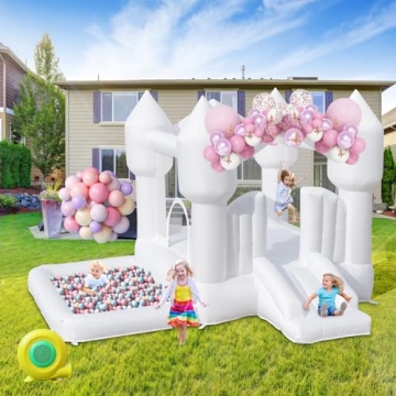 FINCOME Inflatable Bounce House for Kids, White Bounce House with Slide, Jumping Bouncy Castle for K...