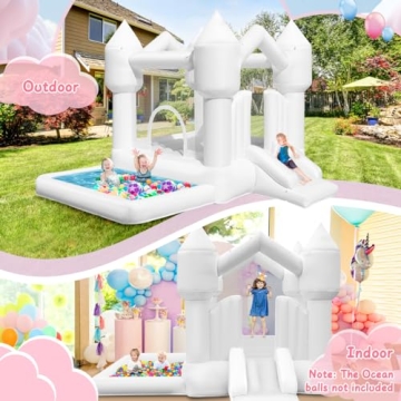 FINCOME Inflatable Bounce House for Kids, White Bounce House with Slide, Jumping Bouncy Castle for Kids Birthday Party, Wedding, Backyard Indoor/Outdoor White (with Blower)