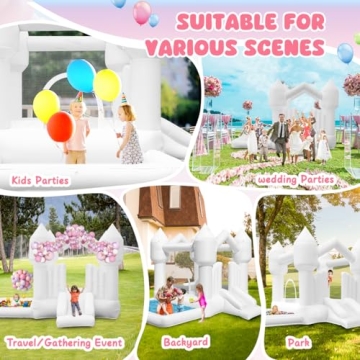 FINCOME Inflatable Bounce House for Kids, White Bounce House with Slide, Jumping Bouncy Castle for Kids Birthday Party, Wedding, Backyard Indoor/Outdoor White (with Blower)
