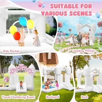 FINCOME Inflatable Bounce House for Kids, White Bounce House with Slide, Jumping Bouncy Castle for Kids Birthday Party, Wedding, Backyard Indoor/Outdoor White (with Blower)