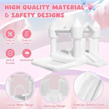 FINCOME Inflatable Bounce House for Kids, White Bounce House with Slide, Jumping Bouncy Castle for Kids Birthday Party, Wedding, Backyard Indoor/Outdoor White (with Blower)