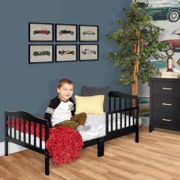 Dream On Me Sydney Toddler Bed in Black, Greenguard Gold Certified, JPMA Certified, Low To Floor Design, Non-Toxic Finish, Safety Rails, Made Of Pinewood