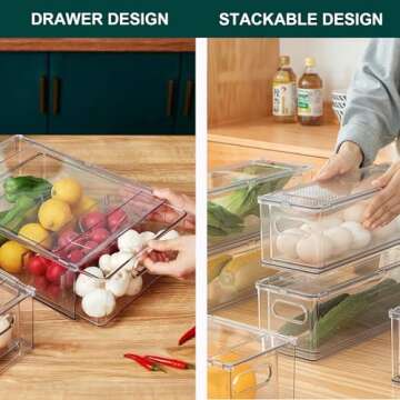 LALASTAR Fridge Drawers, 3-Pack Clear Stackable Pull Out Refrigerator Organizer Bins, Food Storage Containers for Kitchen, Freezer, Vanity & Fridge Organization and Storage (2 Small+1 Medium)