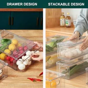 LALASTAR Fridge Drawers, 3-Pack Clear Stackable Pull Out Refrigerator Organizer Bins, Food Storage Containers for Kitchen, Freezer, Vanity & Fridge Organization and Storage (2 Small+1 Medium)