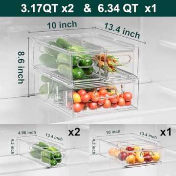 LALASTAR Fridge Drawers, 3-Pack Clear Stackable Pull Out Refrigerator Organizer Bins, Food Storage Containers for Kitchen, Freezer, Vanity & Fridge Organization and Storage (2 Small+1 Medium)