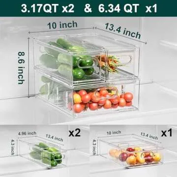 LALASTAR Fridge Drawers, 3-Pack Clear Stackable Pull Out Refrigerator Organizer Bins, Food Storage Containers for Kitchen, Freezer, Vanity & Fridge Organization and Storage (2 Small+1 Medium)