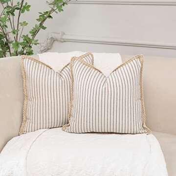 Hckot Farmhouse Decorative Throw Pillow Covers 18x18 Inch, Pack of 2 Grey and Beige Striped Linen Tr...