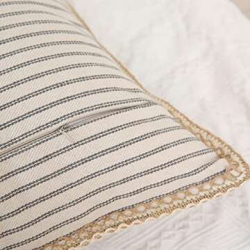 Hckot Farmhouse Decorative Throw Pillow Covers 18x18 Inch, Pack of 2 Grey and Beige Striped Linen Trimmed Edge Pillow Cases for Couch Sofa Chair Bedroom Modern Decor,Grey