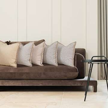 Hckot Farmhouse Decorative Throw Pillow Covers 18x18 Inch, Pack of 2 Grey and Beige Striped Linen Trimmed Edge Pillow Cases for Couch Sofa Chair Bedroom Modern Decor,Grey