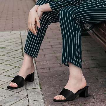 PIZZ ANNU Women's Square Open Toe Heels Sandals Low Block Chunky Heeled Sandal Slip on Mules Comfortable Casual Dress Pumps Shoes, Black 7.5