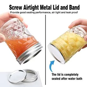 12 Pack Mason Jars 8 oz with Airtight Lids, Glass Regular Mouth Canning Jars, Small Quilted Crystal Jars for Jelly, Jam, Overnight Oats, Meal Prep