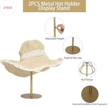 MCKECHSION Hat Display Stand 2PCS Stainless Steel Brushed Nickel Titanium Hat Stand Metal Golden Adjustable Height Cap Rack Showcase Fingerprint Resistant for Home Boutique Retail Store