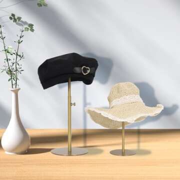 MCKECHSION Hat Display Stand 2PCS Stainless Steel Brushed Nickel Titanium Hat Stand Metal Golden Adjustable Height Cap Rack Showcase Fingerprint Resistant for Home Boutique Retail Store