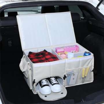 AOKJOY Car Trunk Organizer with Lid Car Storage Organizer Collapsible Multi Compartment Car Organizerwith shoe bag for SUV(Beige)