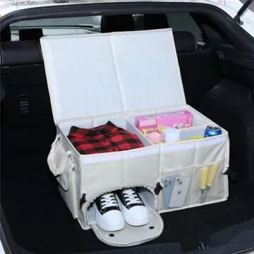 AOKJOY Car Trunk Organizer with Lid Car Storage Organizer Collapsible Multi Compartment Car Organizerwith shoe bag for SUV(Beige)