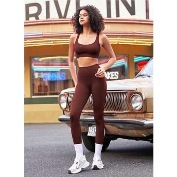 RXRXCOCO Ribbed Workout Sets for Women 2 Piece Backless Strappy Sports Bra Seamless Leggings Matching Set Yoga Outfits Coffee Small