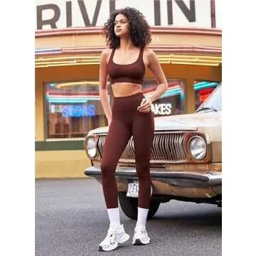 RXRXCOCO Ribbed Workout Sets for Women 2 Piece Backless Strappy Sports Bra Seamless Leggings Matching Set Yoga Outfits Coffee Small