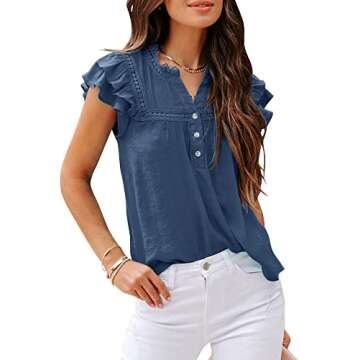 PRETTODAY Women's V Neck Lace Crochet Shirts Button Down Short Sleeve Casual Blouse Tops A-Navy