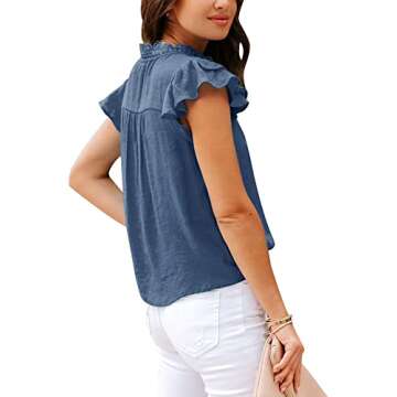 PRETTODAY Women's V Neck Lace Crochet Shirts Button Down Short Sleeve Casual Blouse Tops A-Navy