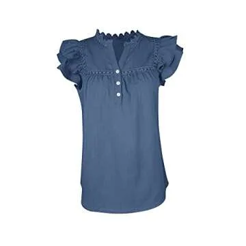 PRETTODAY Women's V Neck Lace Crochet Shirts Button Down Short Sleeve Casual Blouse Tops A-Navy